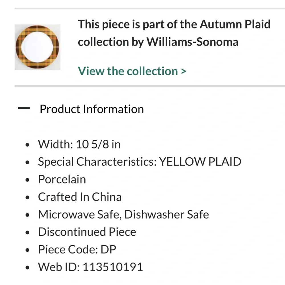 LAST ONE! New Williams Sonoma Autumn/Harvest Plaid Dinner Plate, 10 5/8”